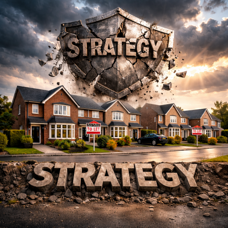 Cracked shield labelled “Strategy” looming over rental houses, symbolising a property portfolio strategy under pressure.