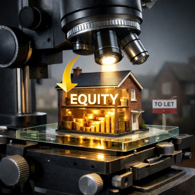 Microscope examining a miniature house filled with coins labelled equity, symbolising hidden property portfolio value