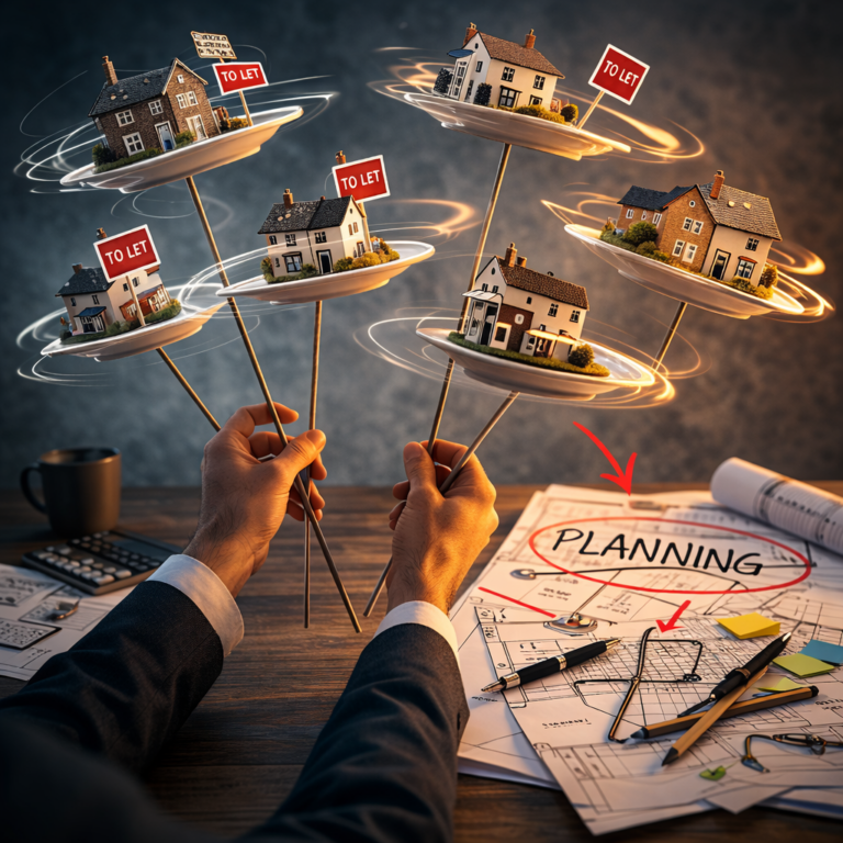 Landlord balancing multiple rental properties while reviewing long-term portfolio planning documents