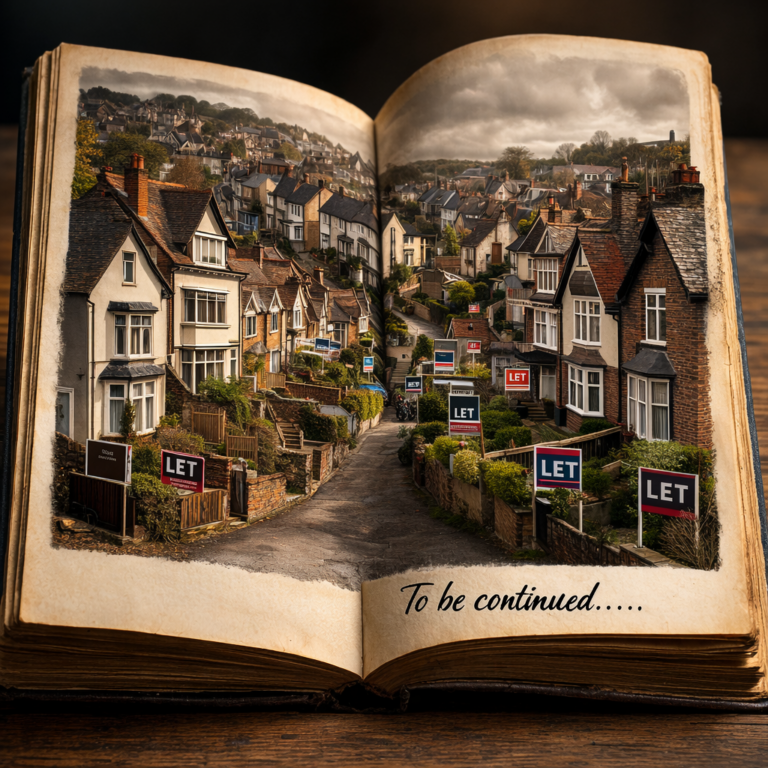 Open book showing a street of rental homes with multiple “to let” signs, symbolising the evolving story of a property portfolio.