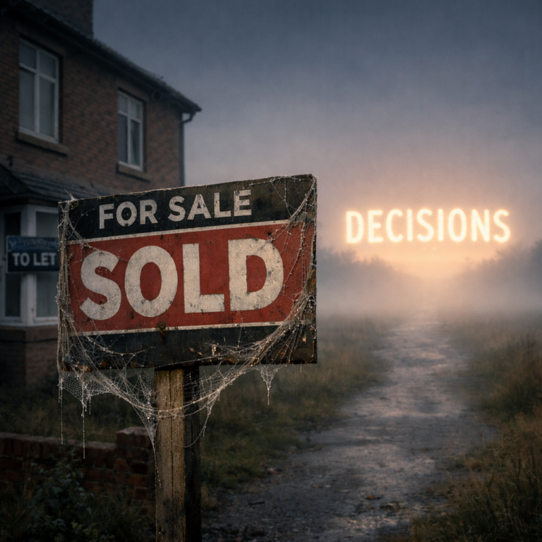Weathered “For Sale – Sold” property sign with cobwebs, symbolising the strategic decisions landlords face after building a portfolio.