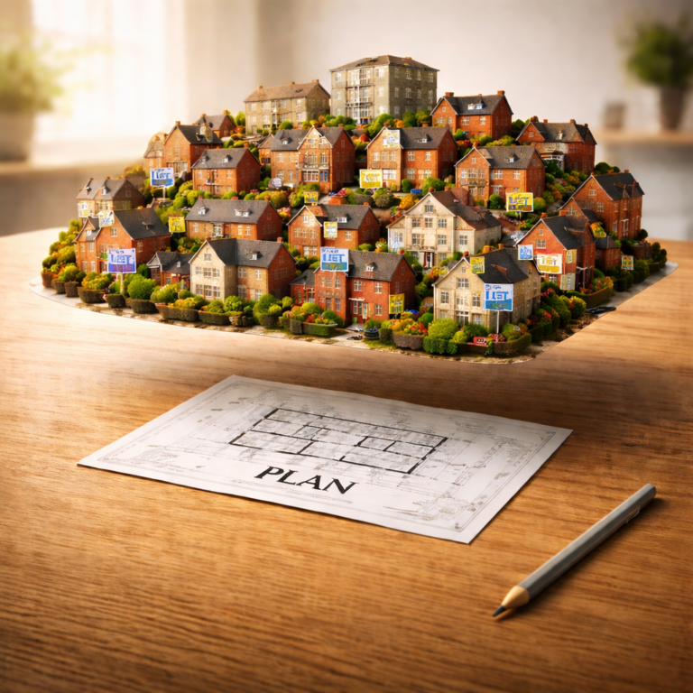 Model neighbourhood of houses beside a property development plan representing the growth of a landlord portfolio