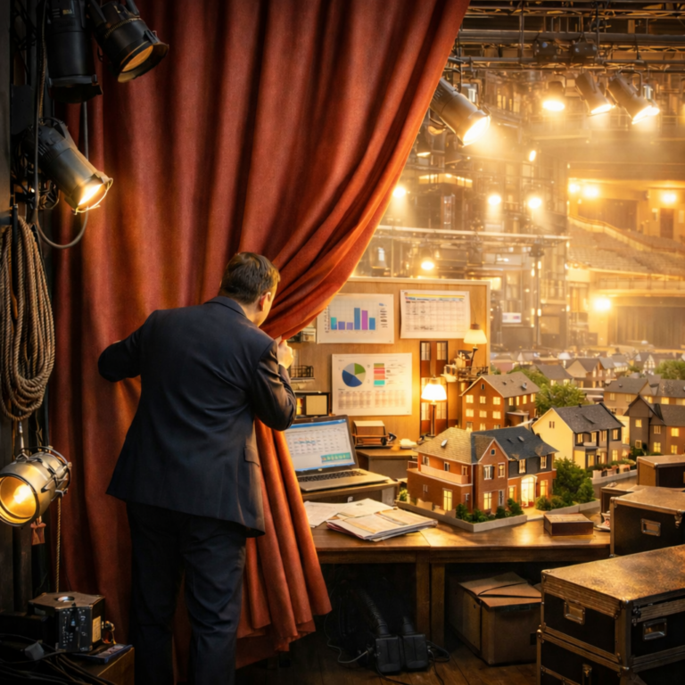 Landlord portfolio review concept with homes, charts and a curtain revealing the bigger picture