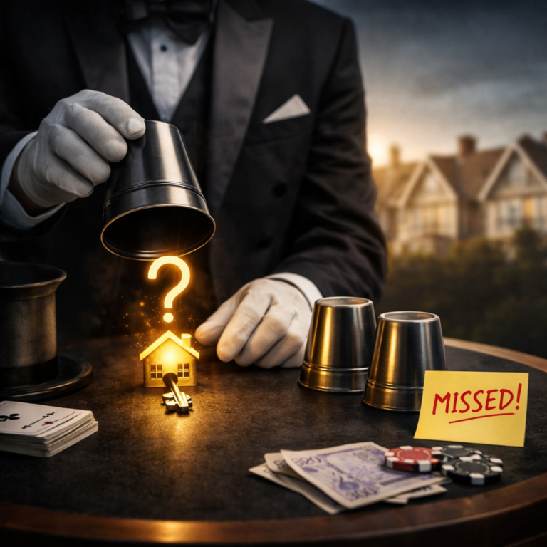 Magician-style shell game with a house key, highlighting missed property portfolio opportunities
