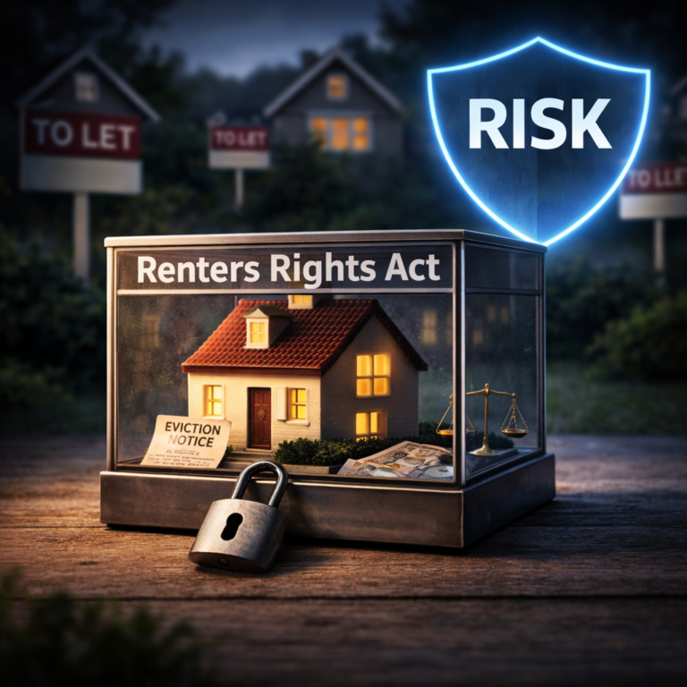 Renters Rights Act risk concept with model house, eviction notice, and insurance protection shield