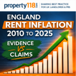 Upward chart illustrating England rent inflation trends from 2010 to 2025 with evidence versus claims comparison.