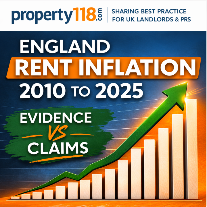Upward chart illustrating England rent inflation trends from 2010 to 2025 with evidence versus claims comparison.