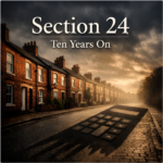 Terraced houses at sunset with a calculator shadow, symbolising Section 24’s impact on landlords