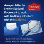Graphic announcing open letter to Shelter Scotland about housing policy evidence and landlord engagement