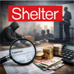 Shelter charity concept with coins, expenses sheet and calculator illustrating scrutiny of finances and housing policy debates