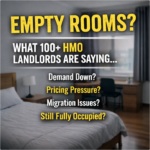 HMO bedroom with text highlighting empty rooms and landlord concerns about demand and pricing