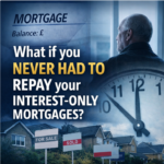 Later life landlord reviewing interest-only mortgage options with property portfolio and clock symbolising time