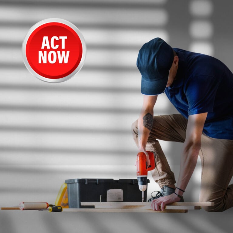 Tradesperson drilling floorboards beside an Act Now button for Decent Homes Standard upgrades