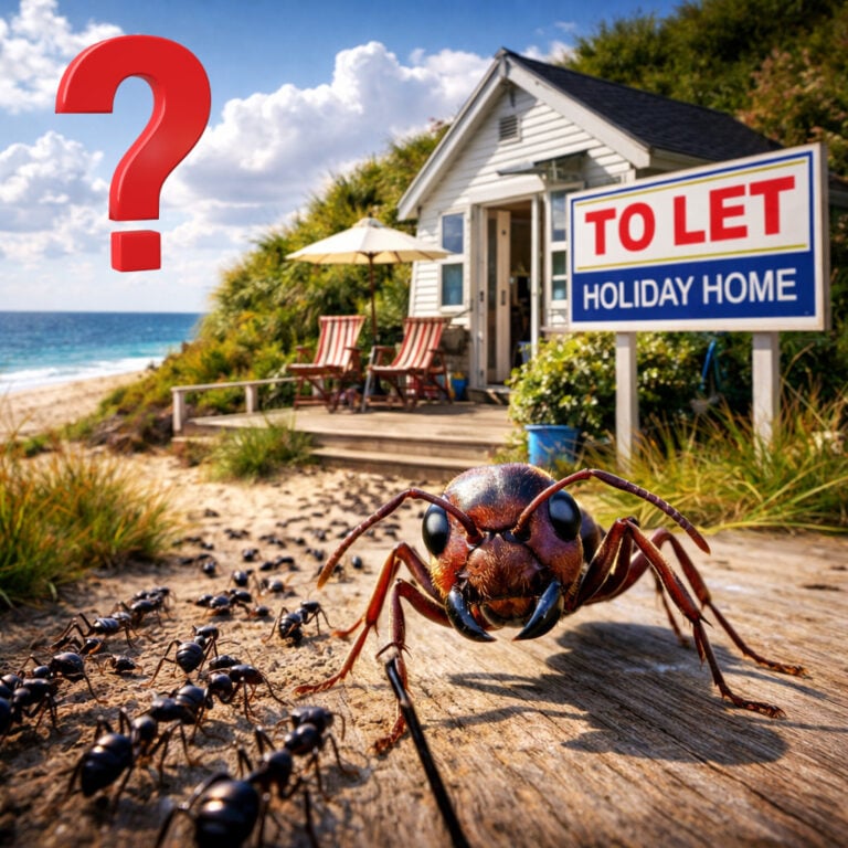 Giant ant outside a holiday home illustrates the risk of spring ant infestations for short-term let owners