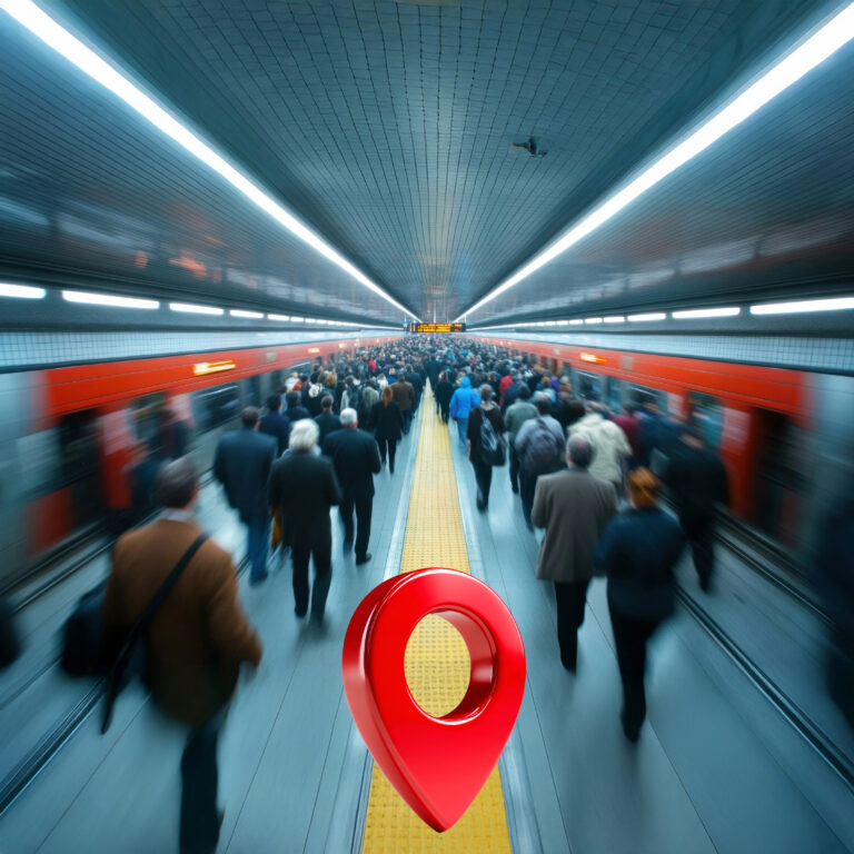 Crowded commuter platform with trains passing and a location pin highlighting Stoke-on-Trent’s rail link to Manchester