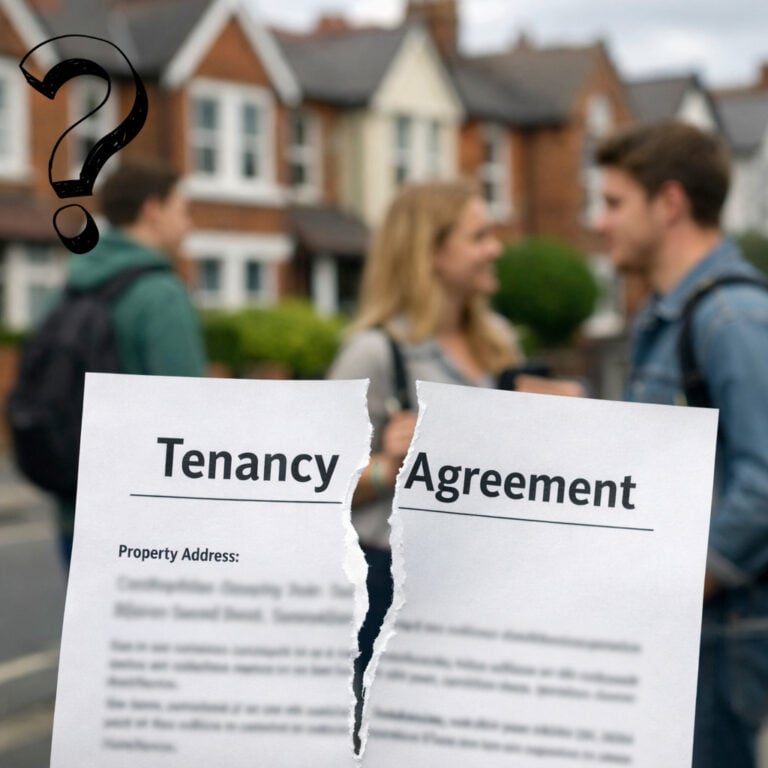 Torn tenancy agreement symbolising end of fixed-term student rental and legal uncertainty