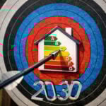 Energy performance certificate rating graphic with arrow hitting C target for rental homes by 2030