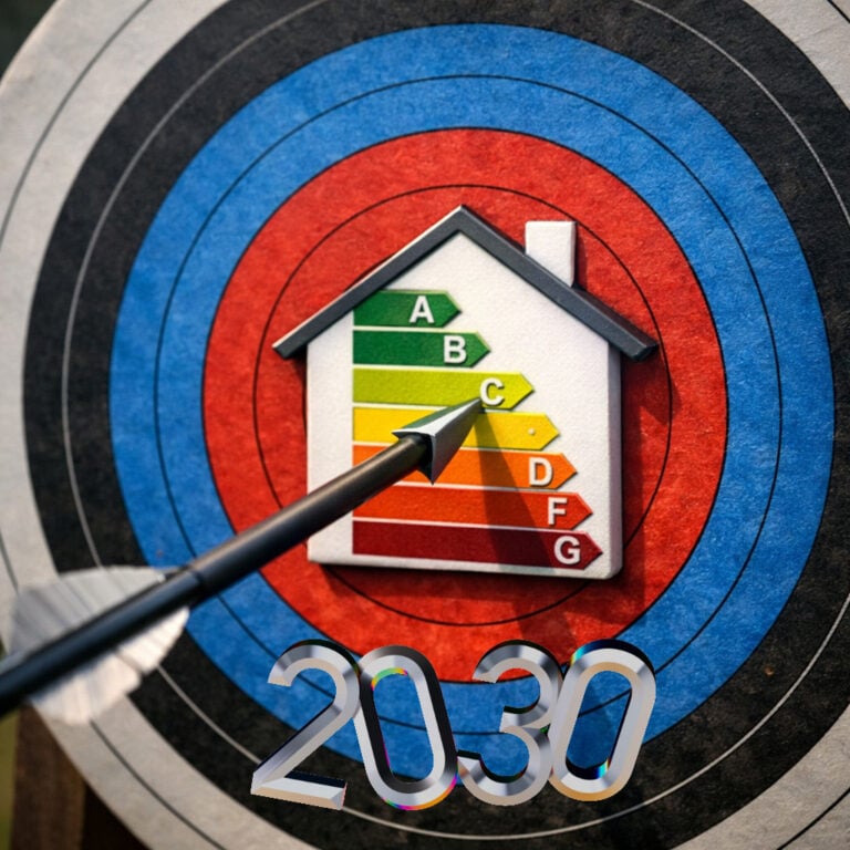 Energy performance certificate rating graphic with arrow hitting C target for rental homes by 2030