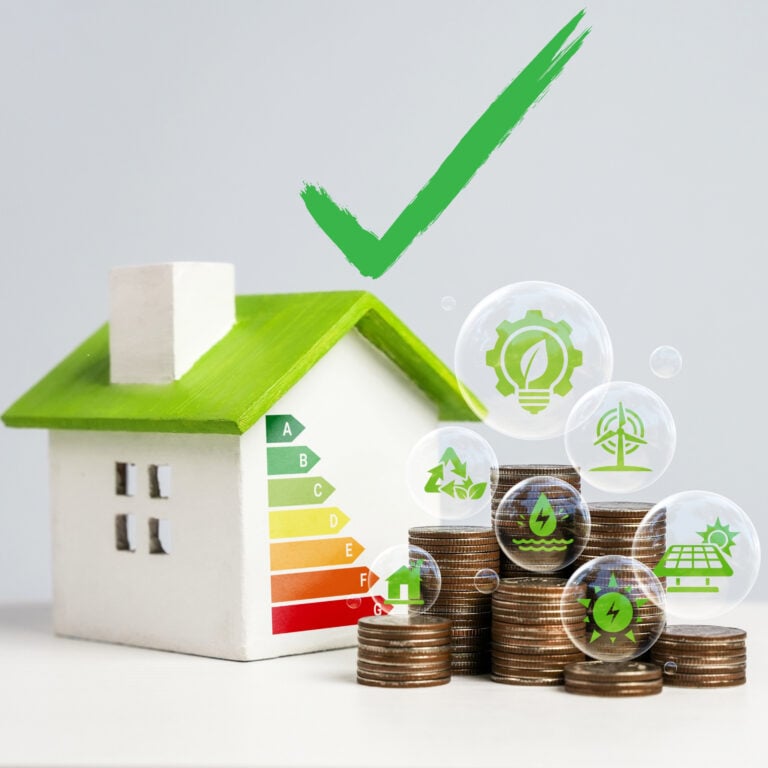 Model house with EPC energy rating scale, green roof and coins symbolising energy-efficiency upgrades and property costs