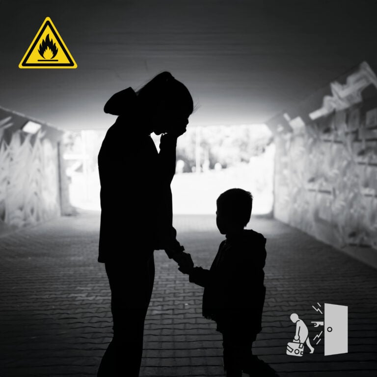 Silhouetted parent and child holding hands in a tunnel with hazard symbol, representing housing insecurity