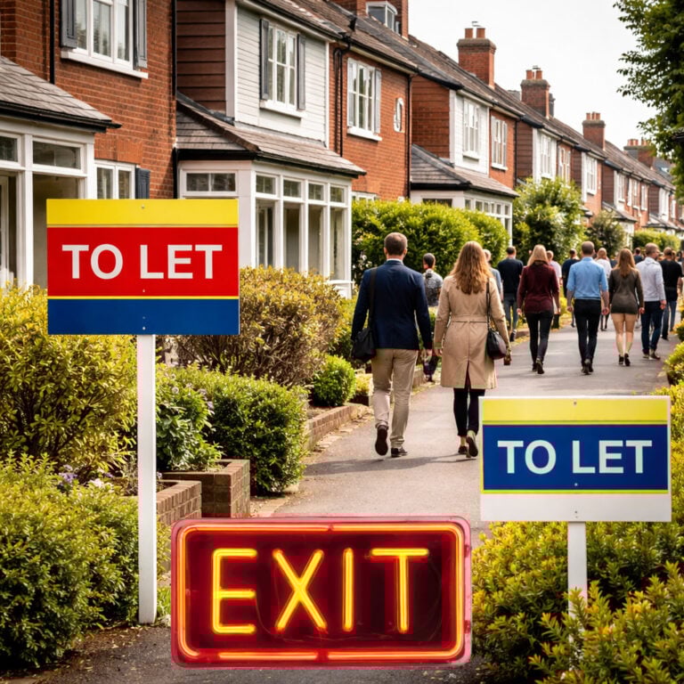 To Let signs outside suburban homes as people walk away, symbolising landlord exits from the rental market