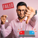 Tenant gives thumbs down while holding house keys under “Failed” stamp, symbolising rogue landlord crackdown row