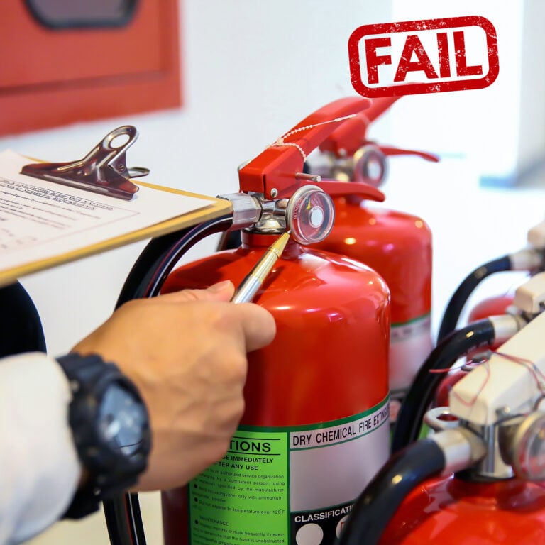 Failed fire extinguisher inspection highlighting non-compliance in building fire safety