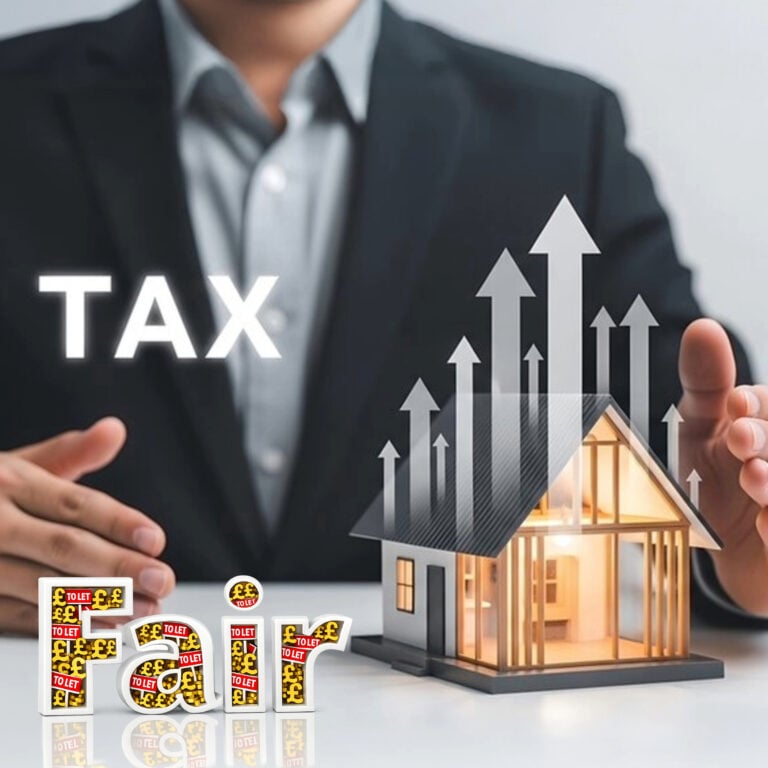 Model house with rising arrows and “tax” text illustrating higher property taxes for landlords