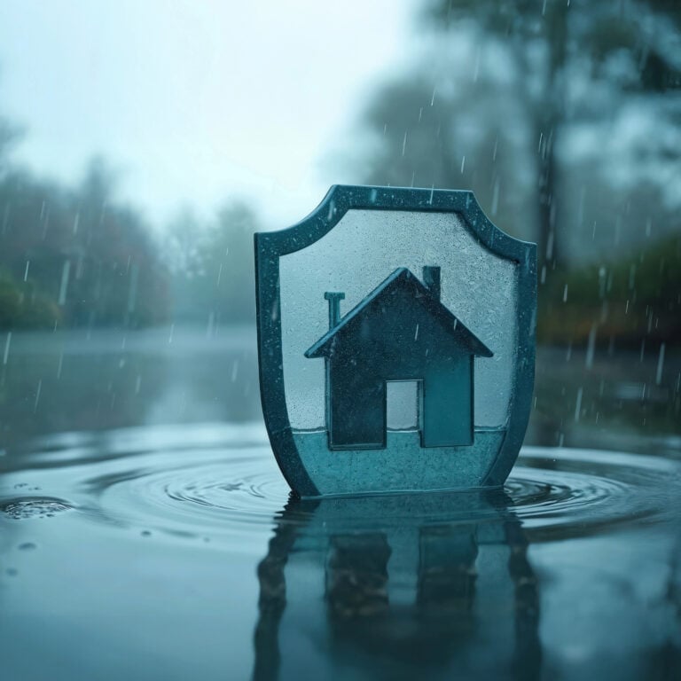 Shield with house icon standing in floodwater, symbolising landlord flood insurance protection