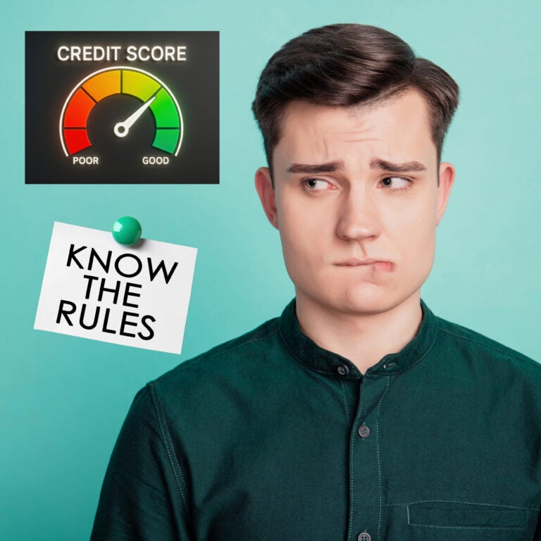 Gen Z renter looking confused beside a credit score gauge and note reading “know the rules”