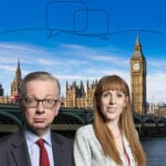 Angela Rayner and Michael Gove discuss leasehold reform against a backdrop of the Houses of Parliament