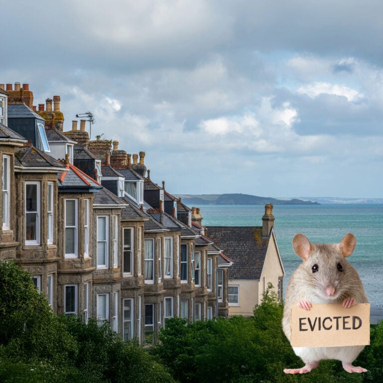 Mouse holding “Evicted” sign beside UK seaside homes, symbolising tenant evictions linked to holiday lets