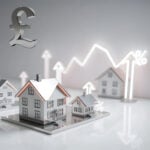 UK house price trends above pandemic peak with model homes, pound sign and rising interest rate arrows