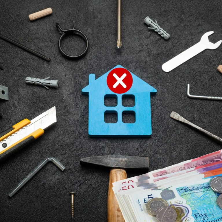 Blue house icon with red X surrounded by tools and cash, symbolising property maintenance costs and lost value