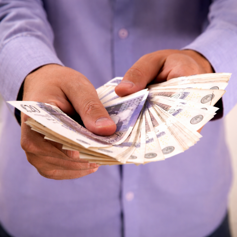 Hands fanning British pound notes, representing property sale profits for landlords