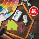 Home improvement tools, paint colour samples and energy-saving bulb symbolising rental property upgrades and housing standards.