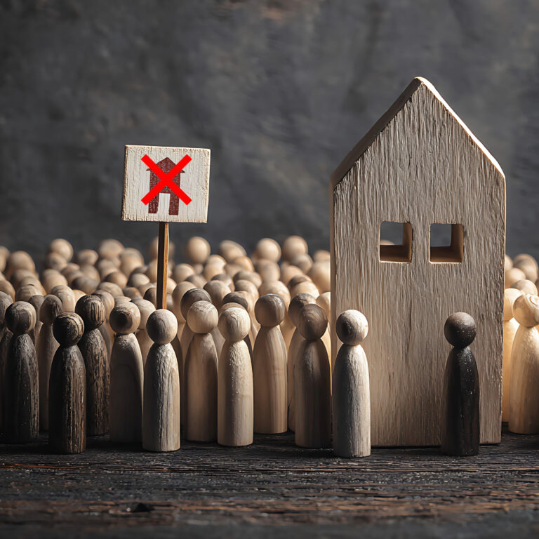 Wooden figures crowded around a house with a crossed-out home sign, illustrating housing overcrowding rules