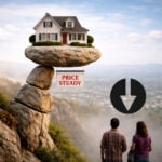 House balanced on rocks with “price steady” sign, symbolising stable UK property prices amid weakening demand