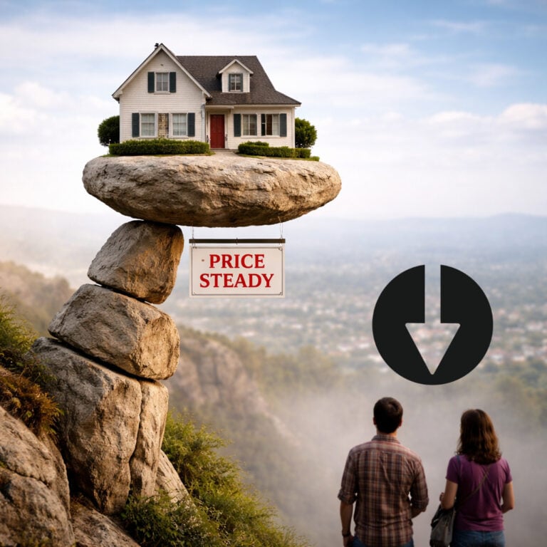 House balanced on rocks with “price steady” sign, symbolising stable UK property prices amid weakening demand