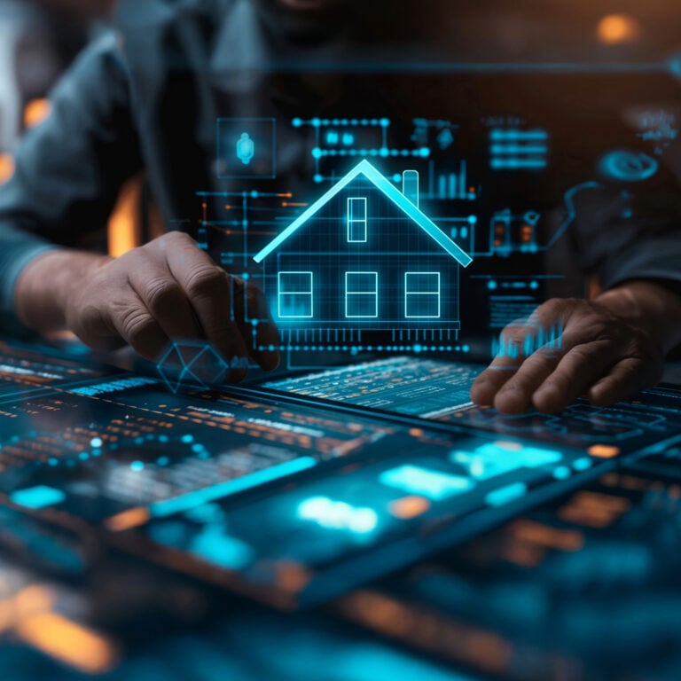 Landlord using digital interface with holographic house model to manage property data for a rental database.