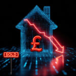 Neon house with pound symbol and downward arrow illustrating falling UK private rented sector property values