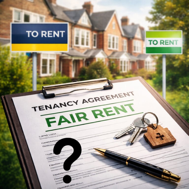 Tenancy agreement labelled “Fair Rent” with house keys and rental signs, illustrating regulated tenancy rules for landlords