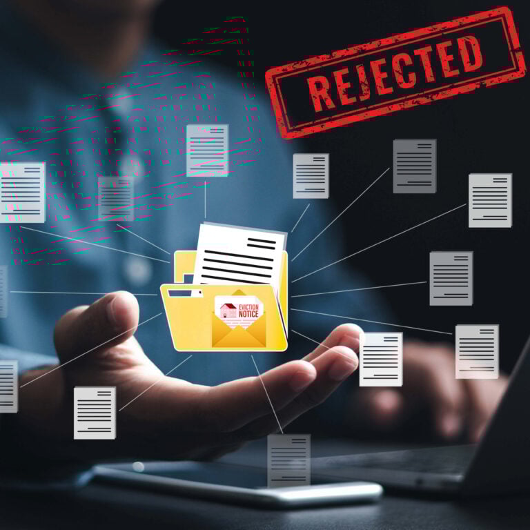 Rejected eviction notice concept with digital documents and red “rejected” stamp, illustrating government refusal of landlord proposals.