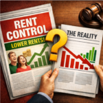 Rent control debate illustrated by newspapers showing falling and rising rent graphs with a question mark