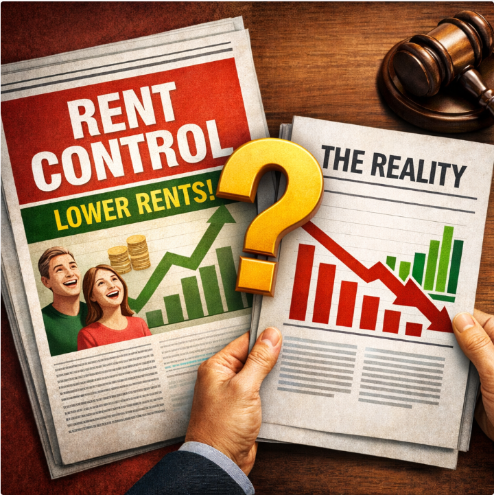 Rent control debate illustrated by newspapers showing falling and rising rent graphs with a question mark