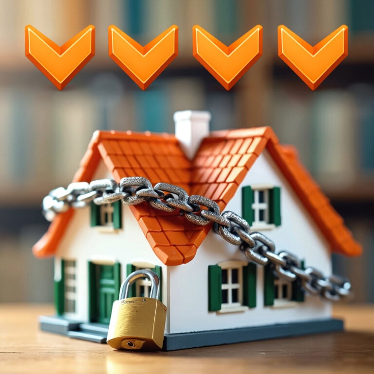 Model house chained with padlock beneath falling arrows, symbolising decline in Section 21 repossessions