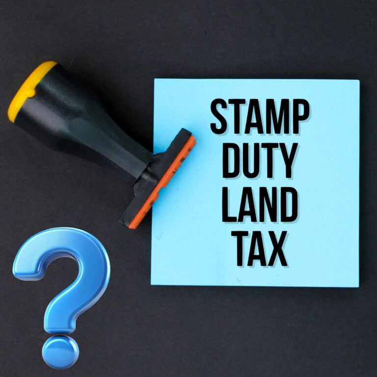 Stamp and document labelled “Stamp Duty Land Tax” beside a question mark, representing uncertainty over SDLT for tenants.