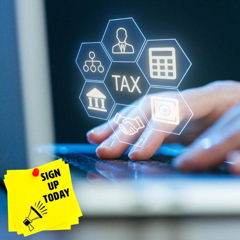 Person typing on a laptop with digital tax icons representing Making Tax Digital registration and online tax reporting.