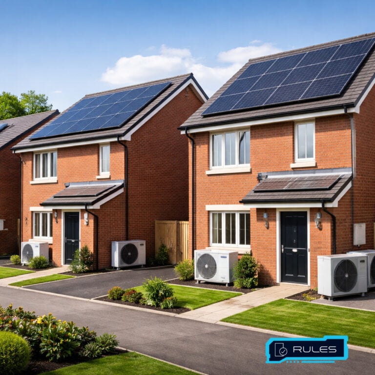 New-build homes with rooftop solar panels and external heat pumps under UK energy standards