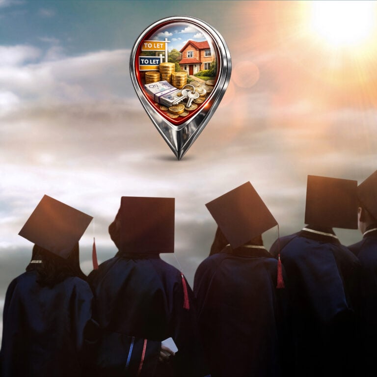 Graduates beneath a property pin showing rental homes and cash, illustrating student-led buy-to-let demand